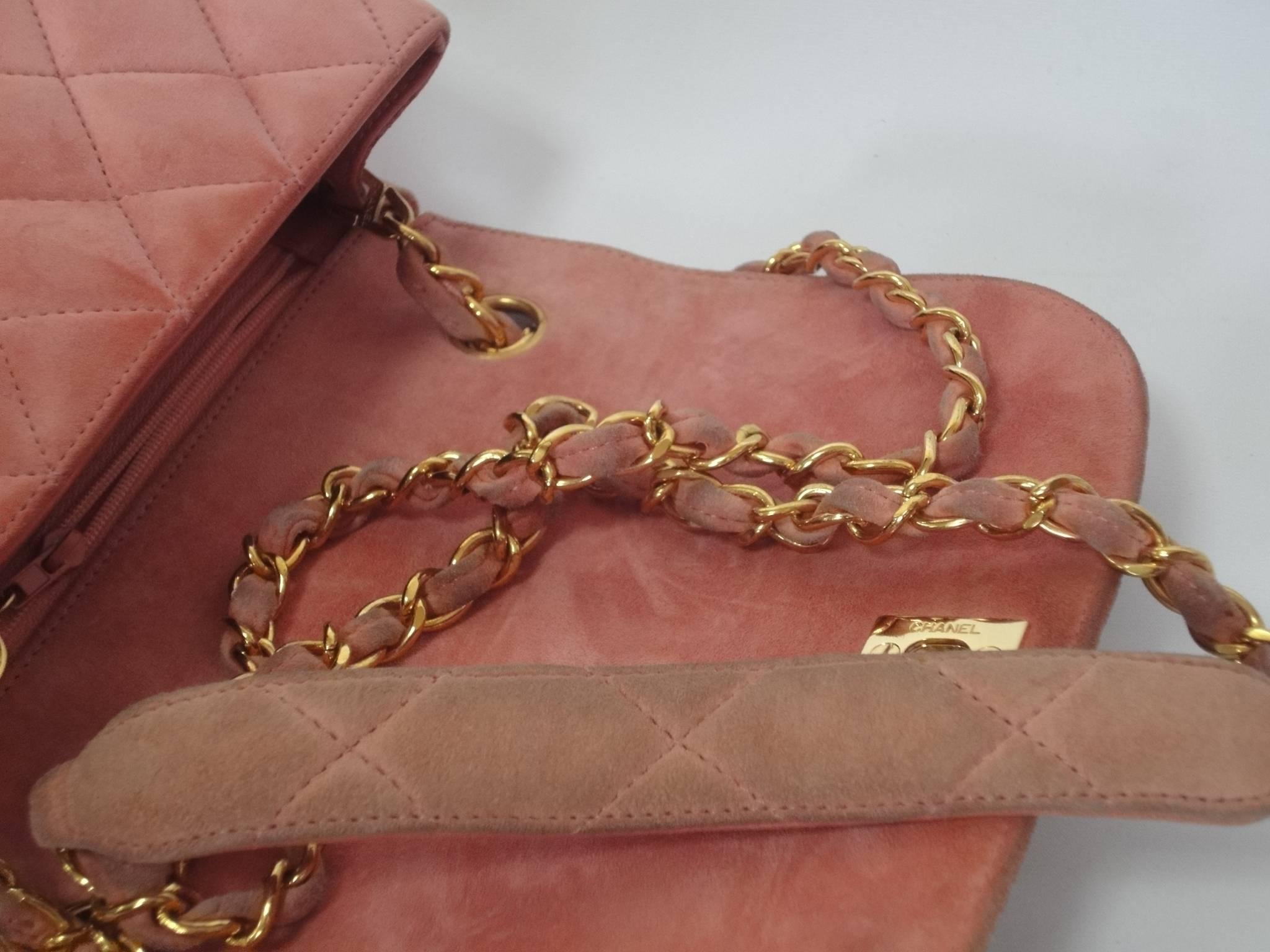 Pink Vintage CHANEL light pink quilted suede 2.55 shoulder bag with gold tone chain For Sale