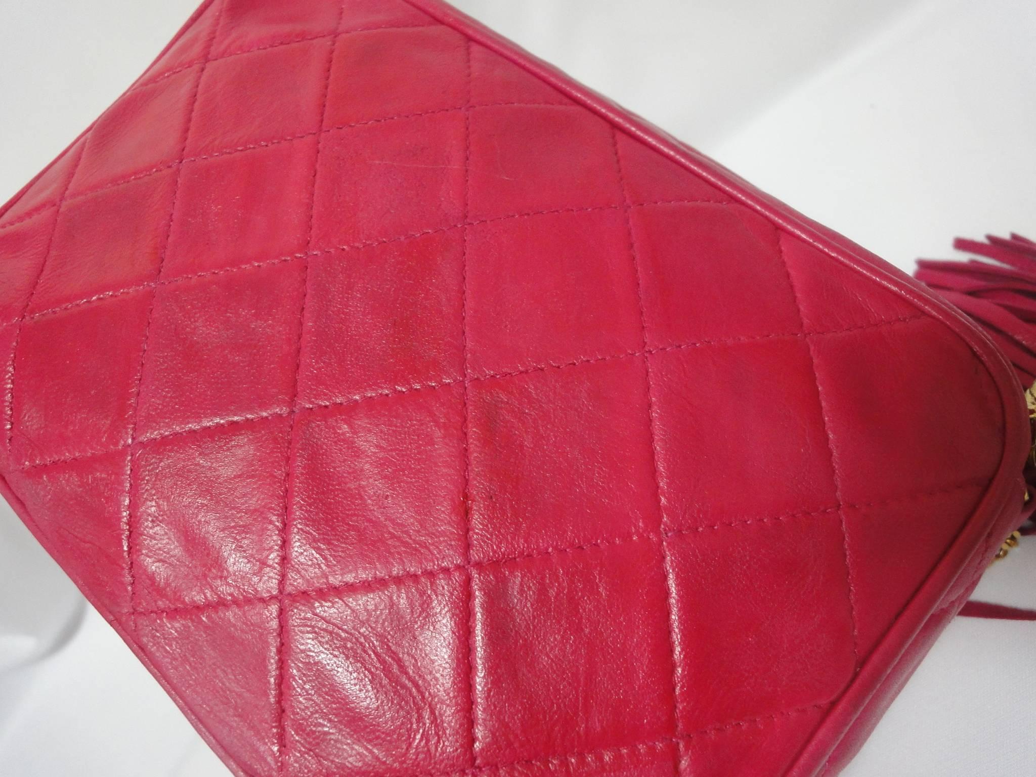 Pink Vintage CHANEL pink lambskin camera bag style jewelry chain shoulder bag. For Sale