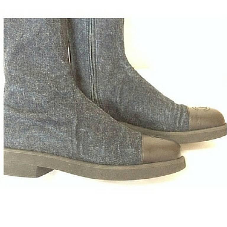 Gray MINT. Vintage CHANEL mid high, black leather and denim combination long boots For Sale