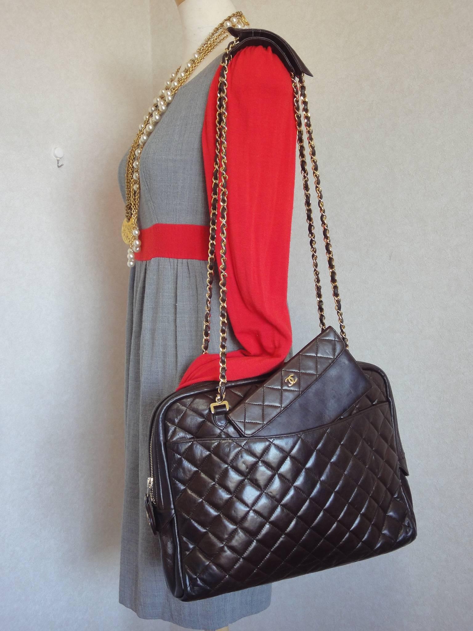 1980s Vintage CHANEL dark brown lambskin large classic bag with a mini pouch 3