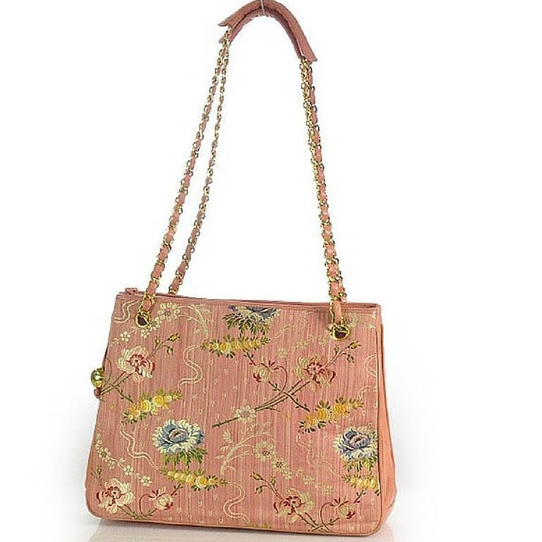 Vintage CHANEL Japanese kimono, obi fabric and pink leather chain tote bag.  Rare at 1stDibs