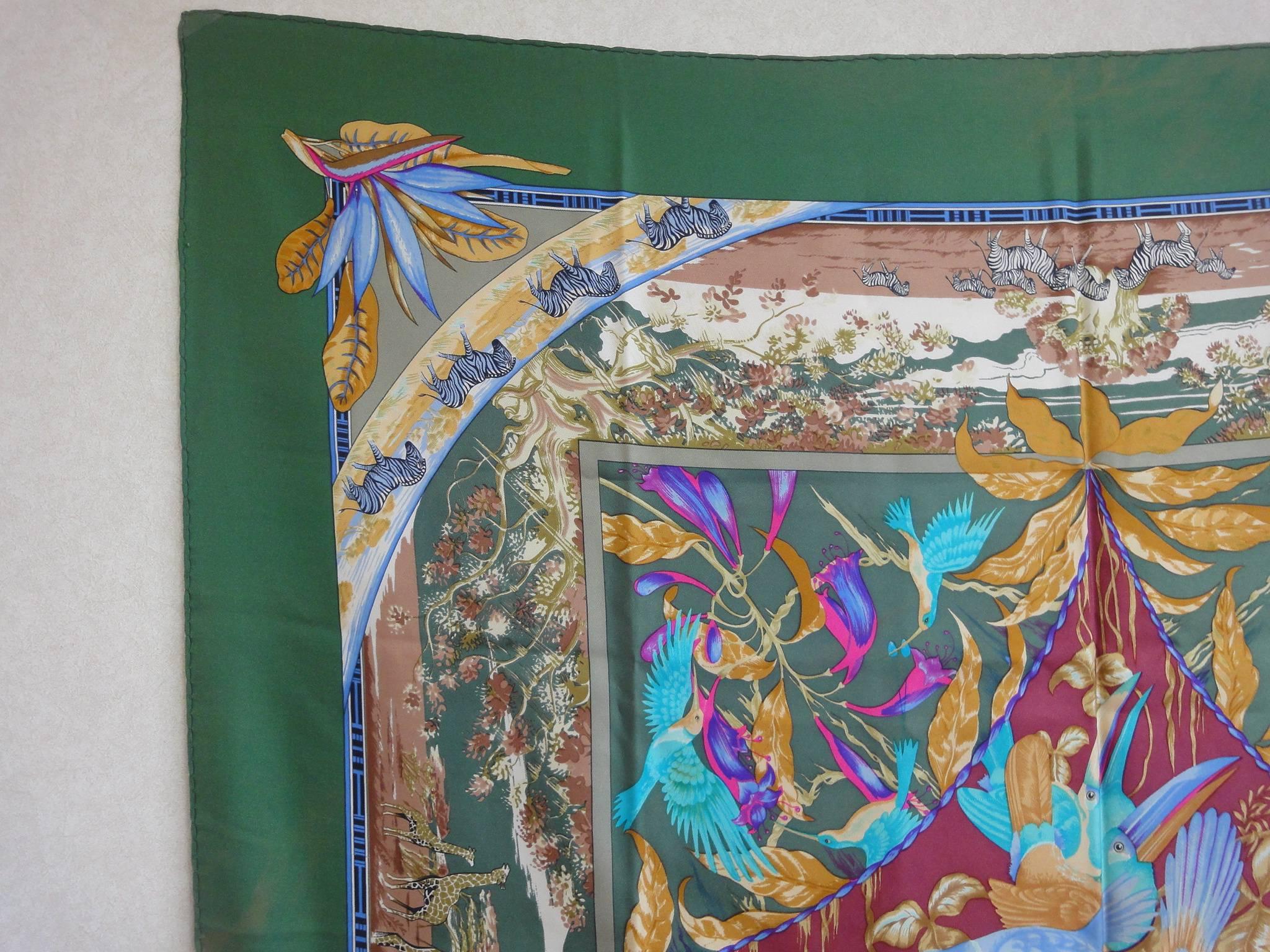 Women's Vintage HERMES Carre large silk scarf with bird, zebra, and giraffe print