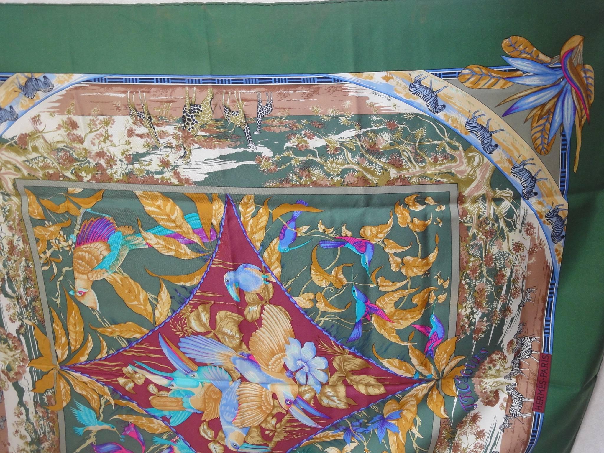 Vintage HERMES Carre large silk scarf with bird, zebra, and giraffe print In Good Condition In Kashiwa, Chiba