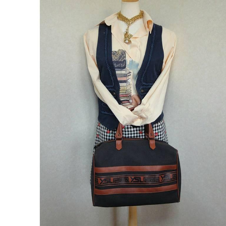 Vintage Yves Saint Laurent charcoal grey canvas and brown leather mini duffle ba For Sale 3