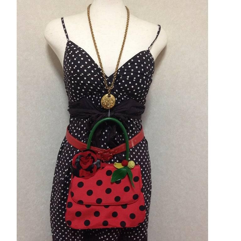 Women's MINT Condition. Vintage MOSCHINO red and black canvas polkadot kelly handbag For Sale