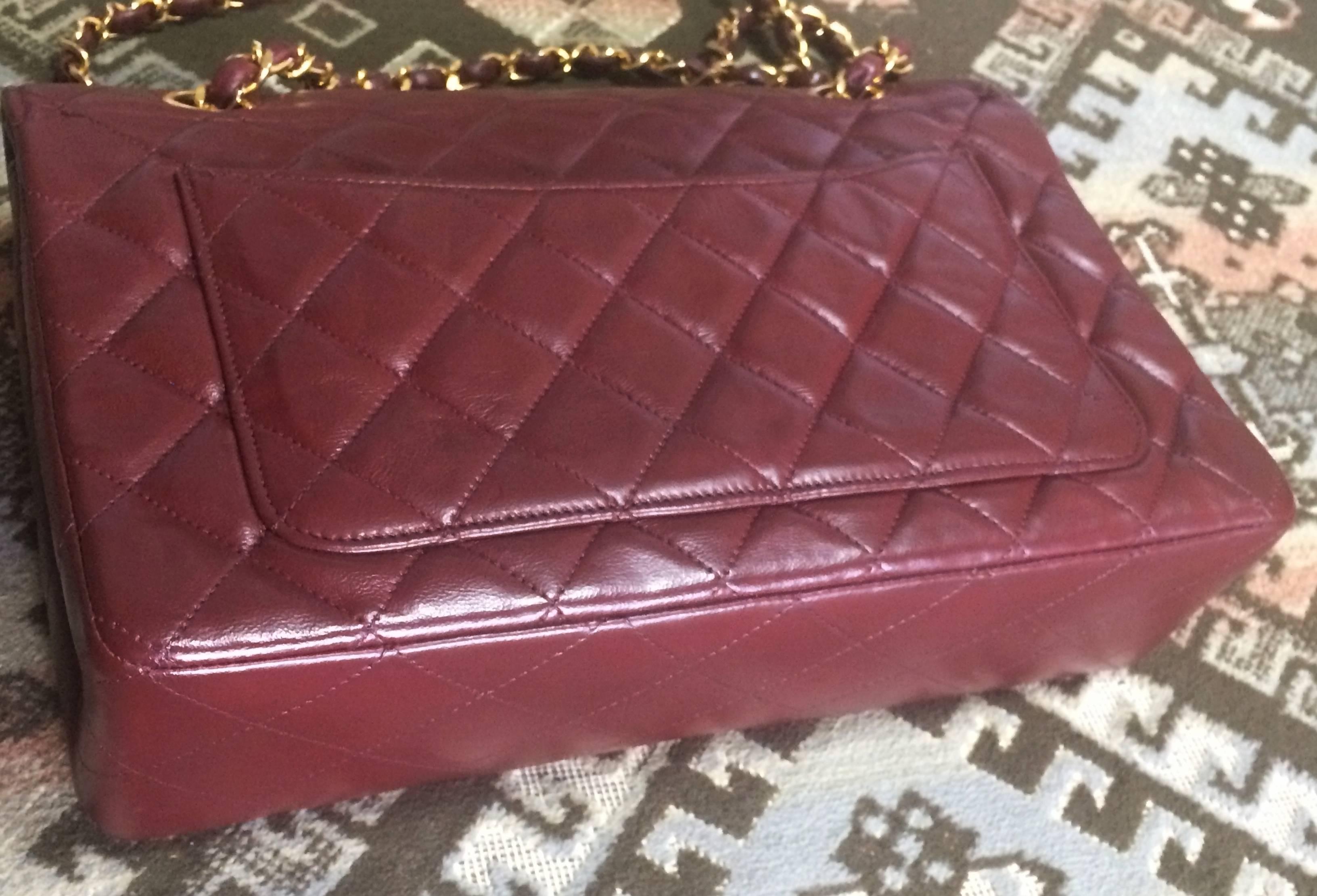 Brown Vintage Chanel wine, bordeaux lambskin rare 2.55 double flap chain shoulder bag.