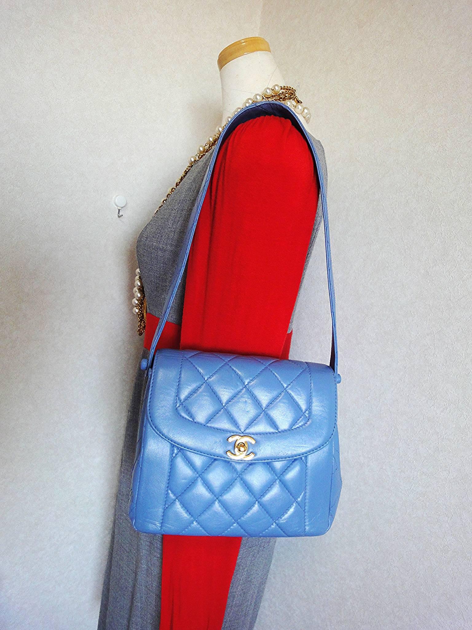 Vintage CHANEL Rare color milky blue, lambskin classic shape handbag 5