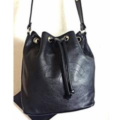Vintage CHANEL black lamb leather hobo bucket shoulder bag with drawstrings