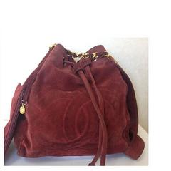 Vintage CHANEL wine red suede leather hobo bucket shoulder bag with drawstrings