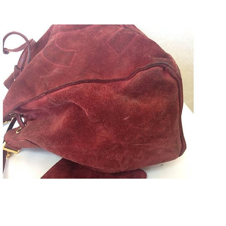 Brown Vintage CHANEL wine red suede leather hobo bucket shoulder bag with drawstrings