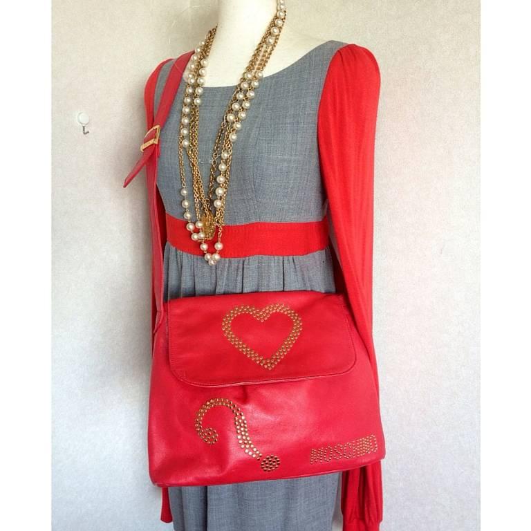 Red Vintage MOSCHINO red leather messenger shoulder bag with question mark, heart  For Sale