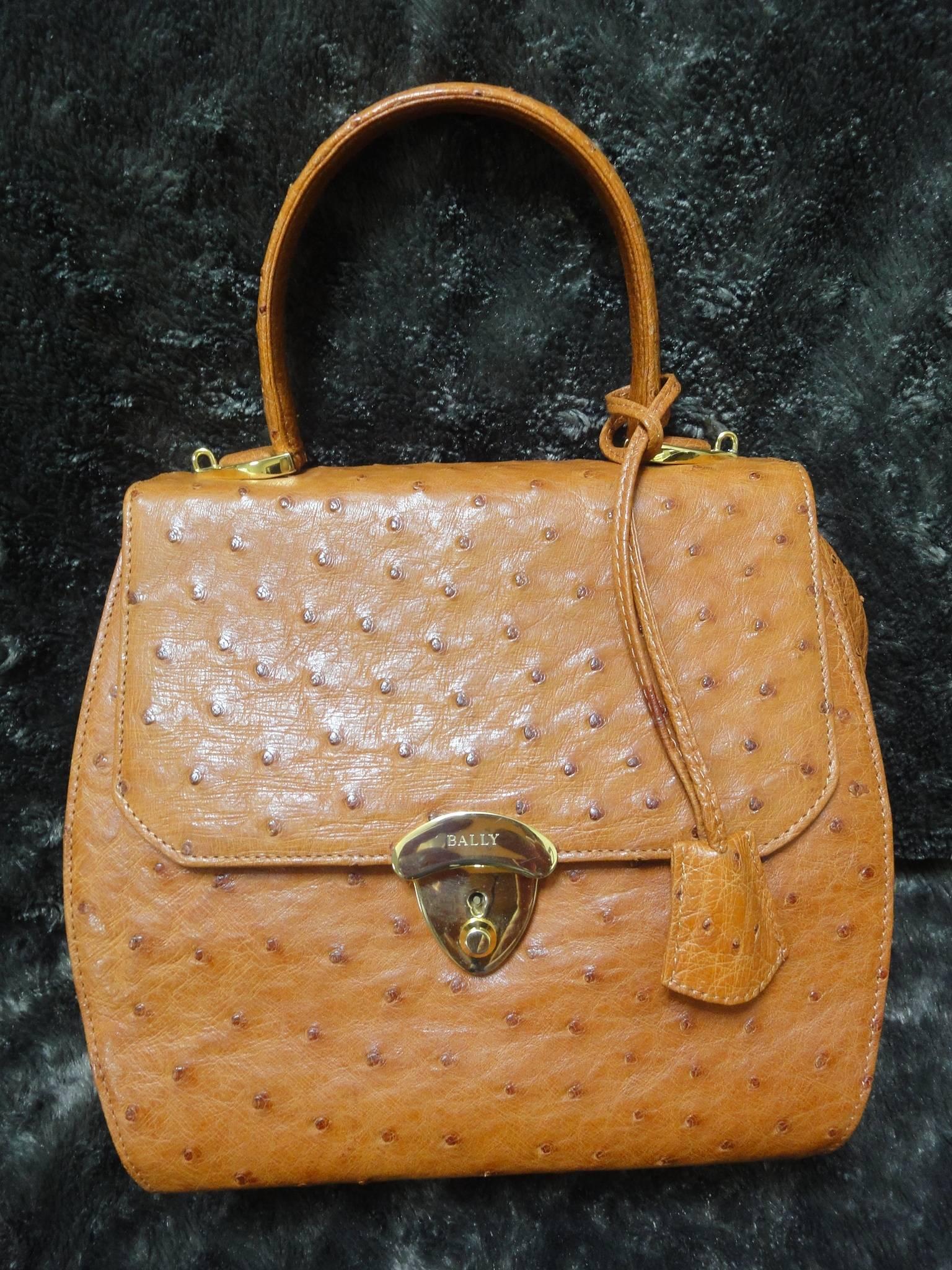 MINT. Vintage BALLY genuine ostrich leather orange brown handbag with strap. For Sale 1