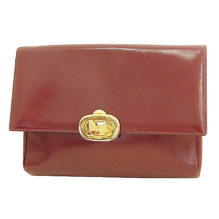 intage CELINE genuine wine brown leather clutch bag with golden carriage logo. 3