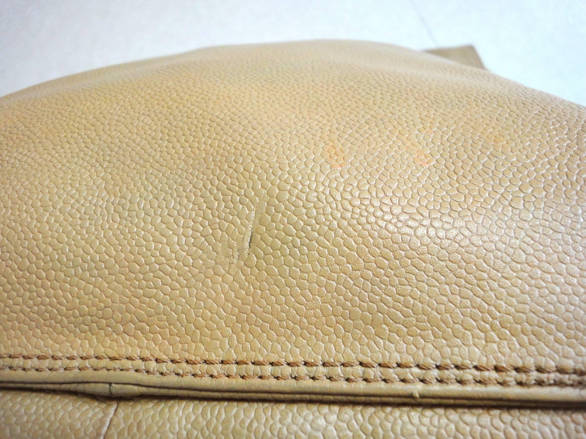 Women's Vintage CHANEL beige caviar large shopper, tote bag with CC stitch mark.