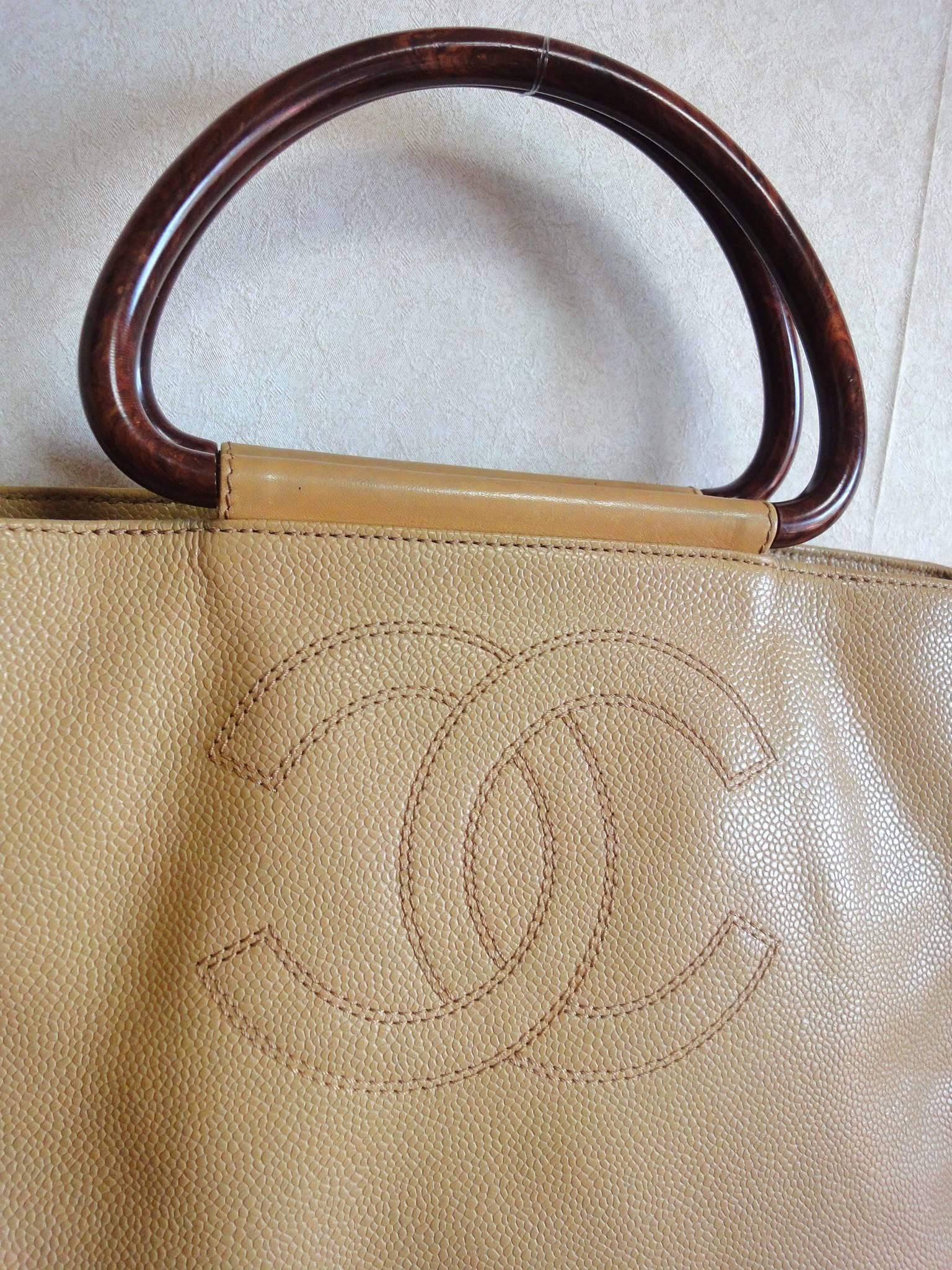 Brown Vintage CHANEL beige caviar large shopper, tote bag with CC stitch mark.
