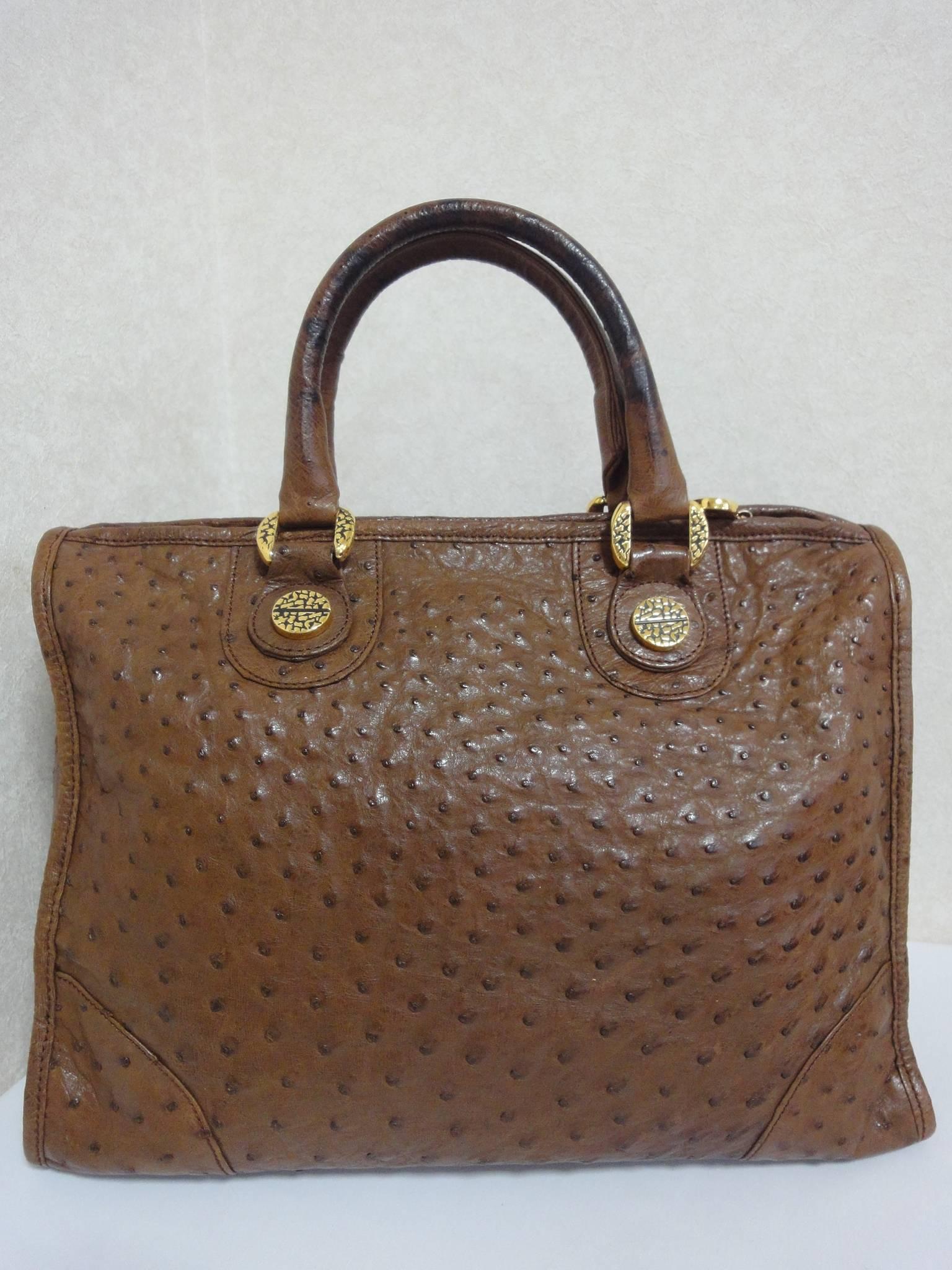 Vintage Borbonese by Red wall, genuine brown ostrich leather bag. Unisex 2