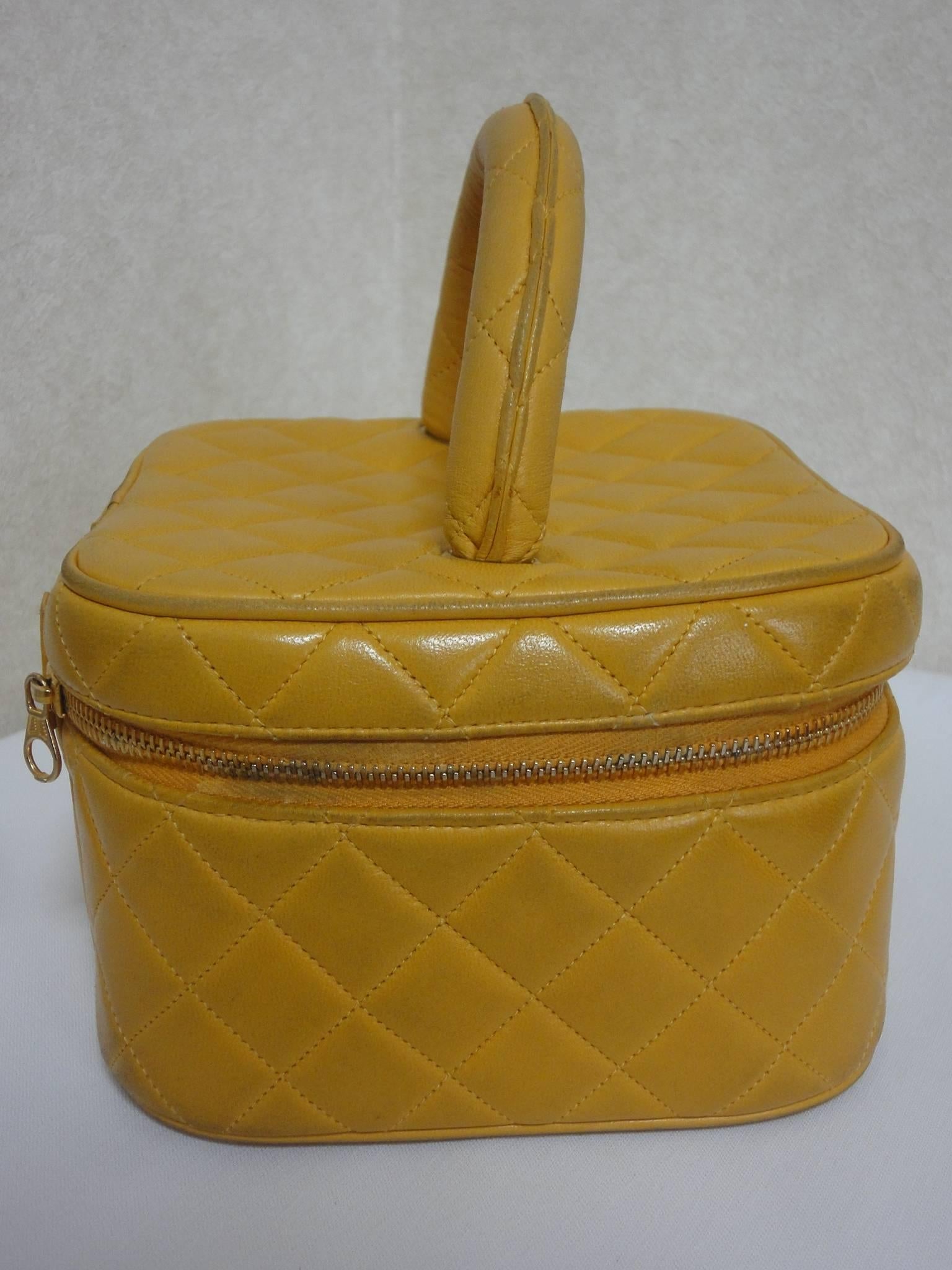 Brown Vintage CHANEL yellow quilted lambskin cosmetic, make up case, mini handbag