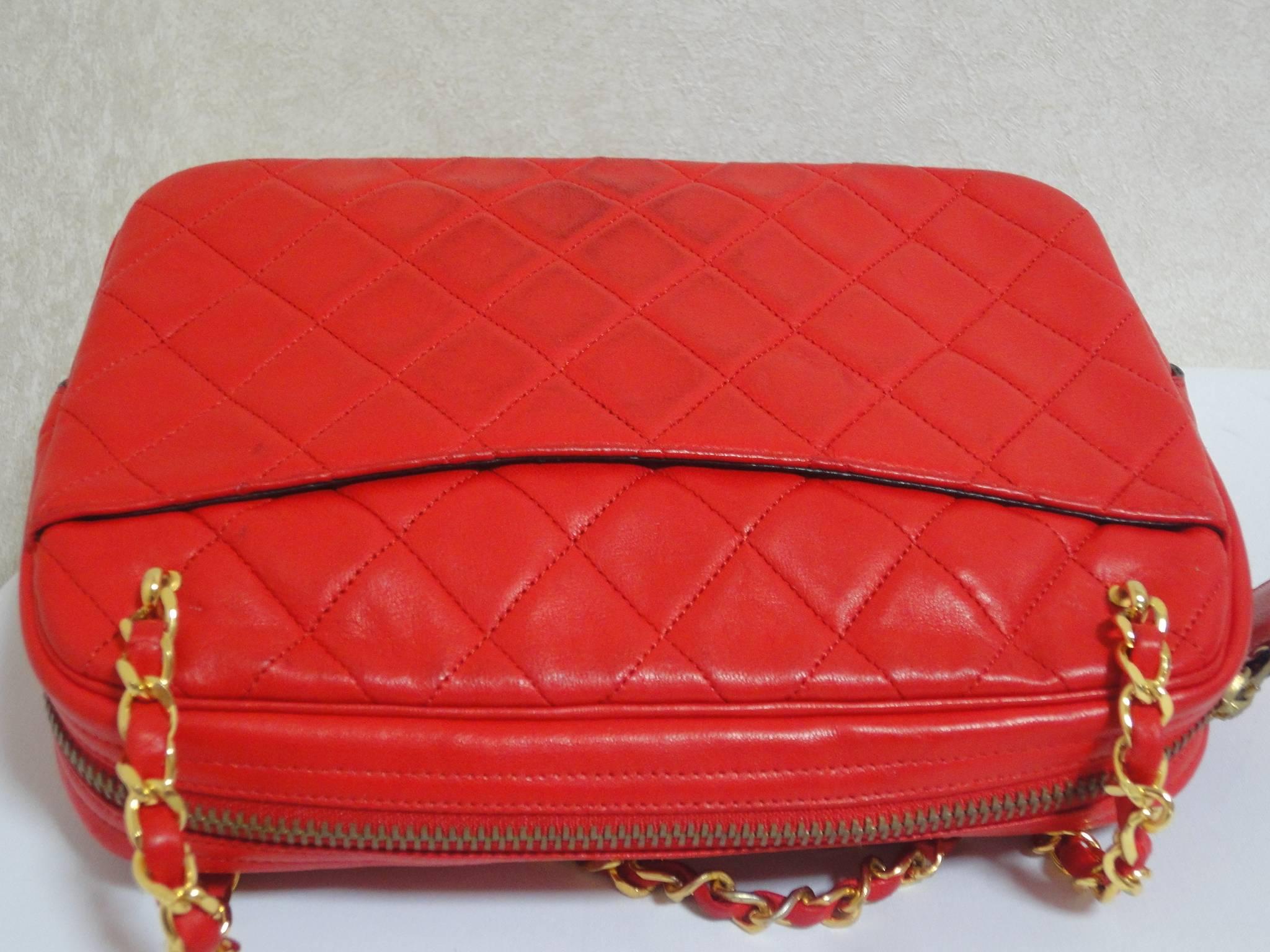 Red 80's Vintage CHANEL red lambskin classic shoulder purse with double golden chain