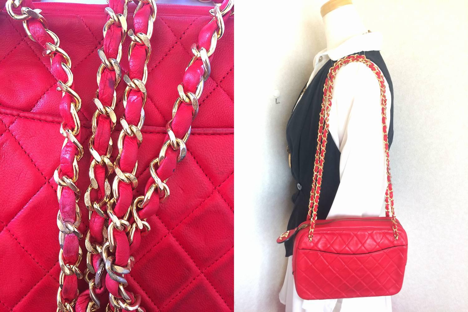 80's Vintage CHANEL red lambskin classic shoulder purse with double golden chain 4