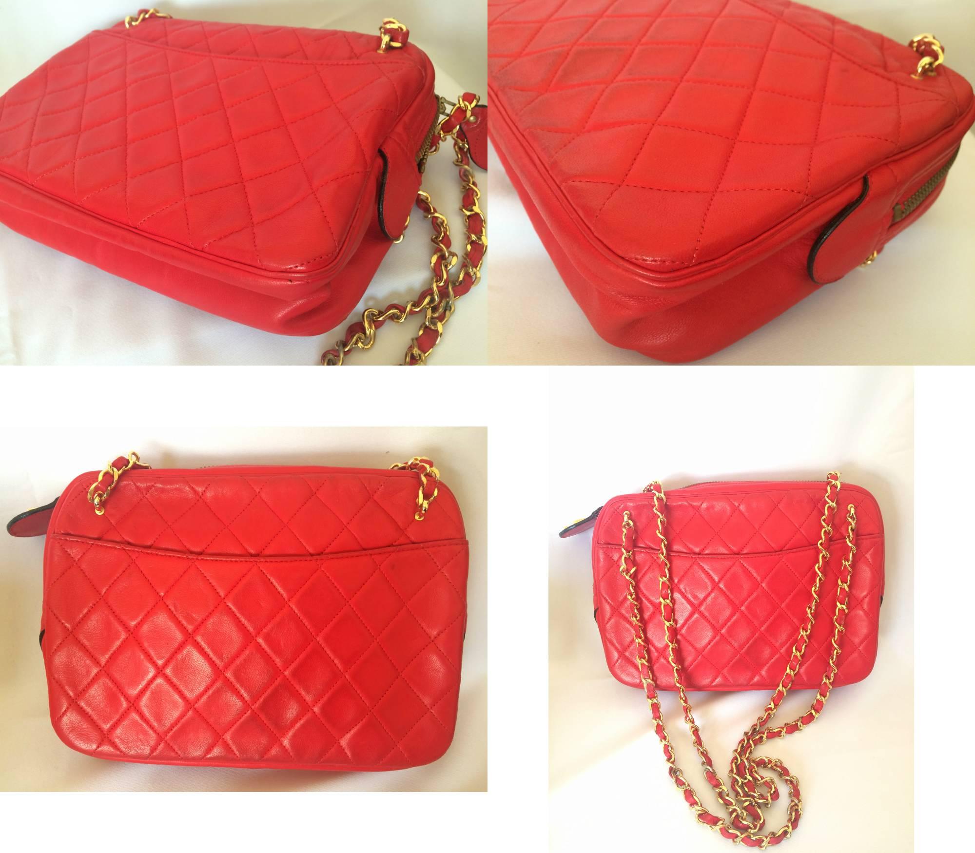 80's Vintage CHANEL red lambskin classic shoulder purse with double golden chain 2