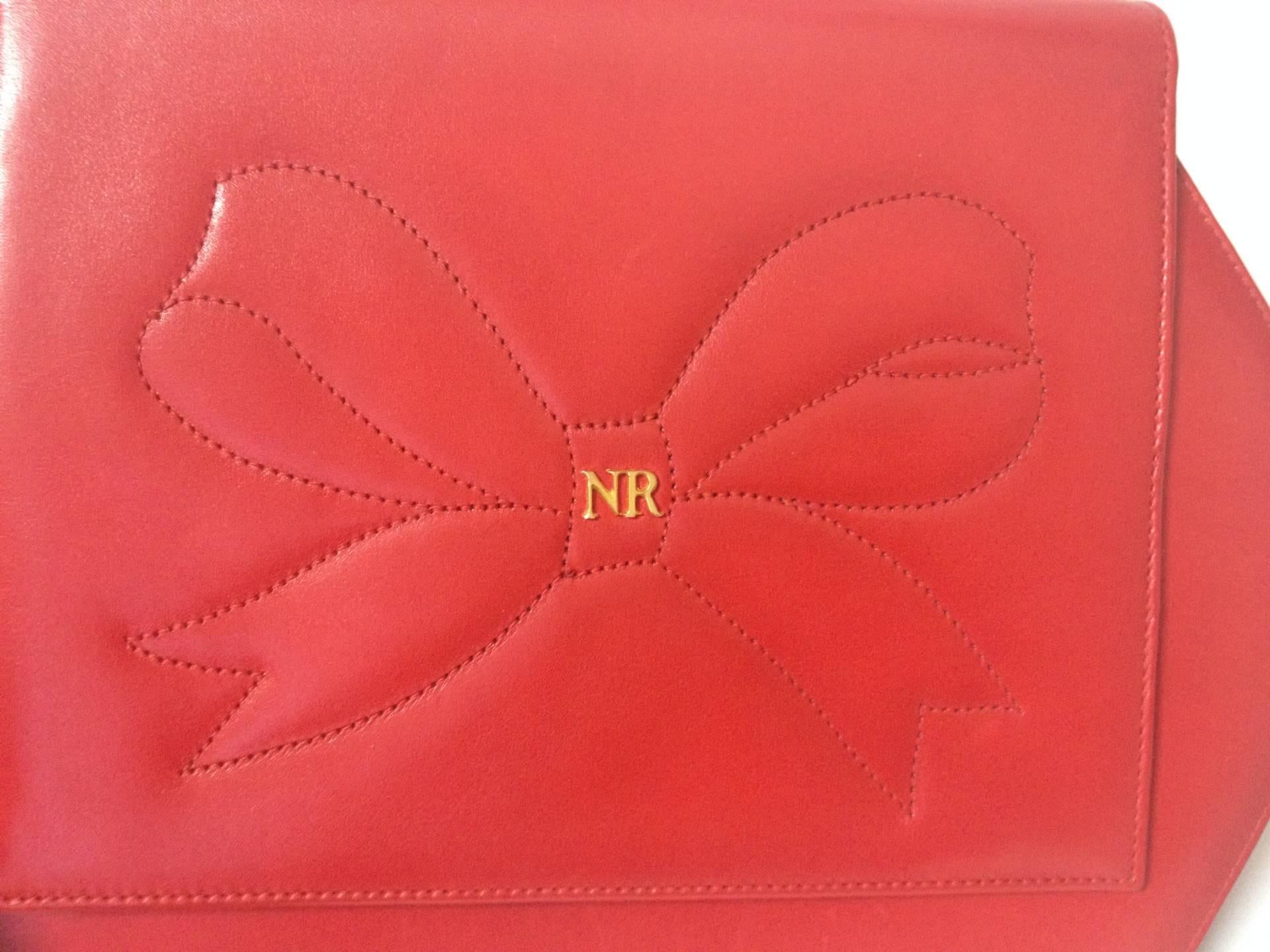 Red Vintage Nina Ricci red leather hexagon shape clutch shoulder bag with large bow