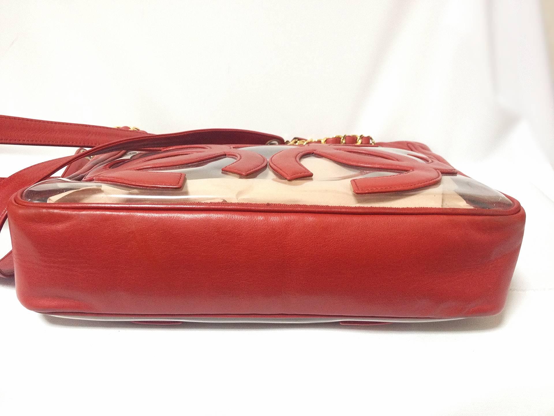 Vintage CHANEL clear vinyl and red leather combination shoulder purse, tote bag In Good Condition In Kashiwa, Chiba