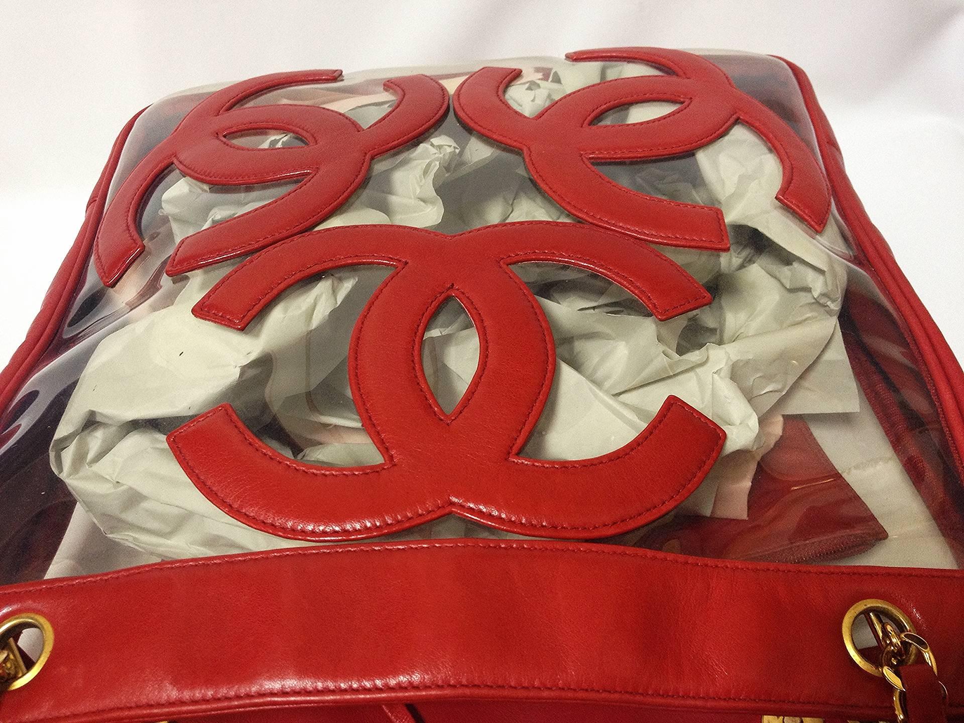 Red Vintage CHANEL clear vinyl and red leather combination shoulder purse, tote bag