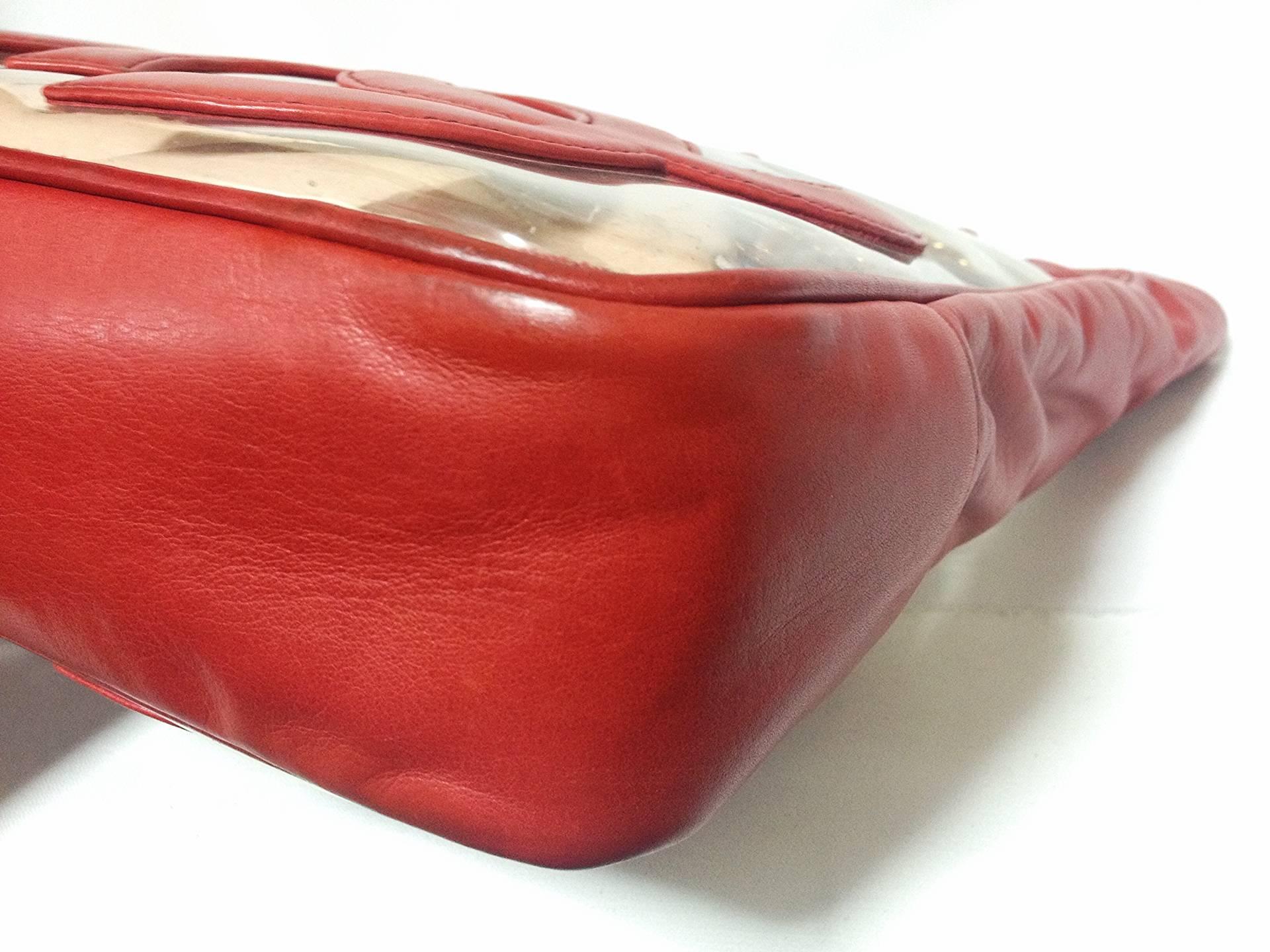 Women's Vintage CHANEL clear vinyl and red leather combination shoulder purse, tote bag