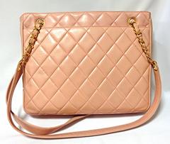 Vintage CHANEL milky pink lambskin shoulder tote bag with gold tone chain straps