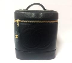 Vintage CHANEL black caviar cosmetic and toiletry mini bag, party vanity bag.