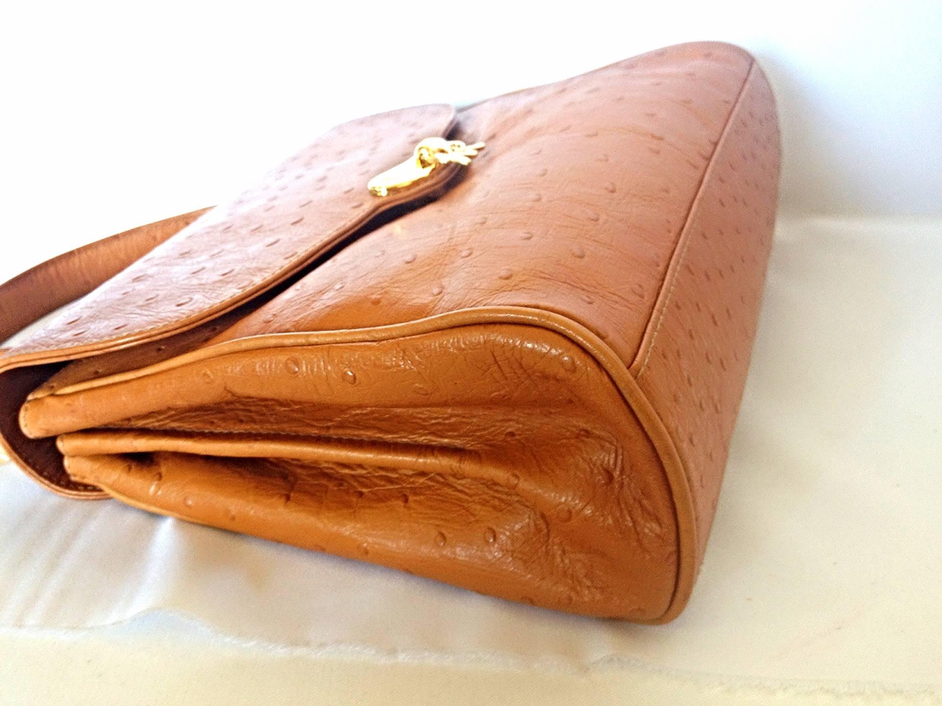 Orange MINT. Vintage Nina Ricci tan brown ostrich-embossed leather handbag purse. For Sale