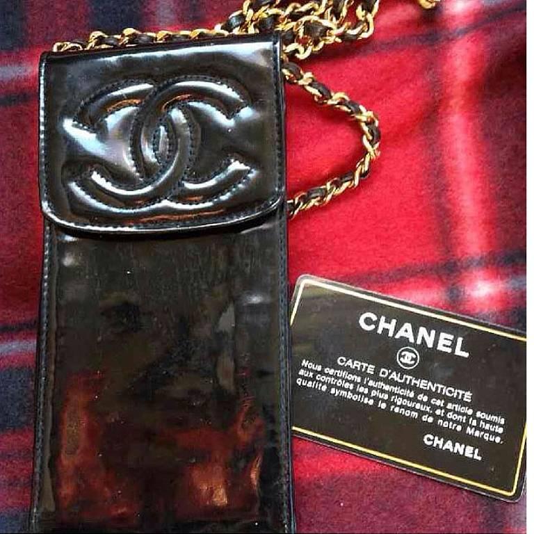 Black Vintage CHANEL black patent enamel leather mini pouch purse with golden chain