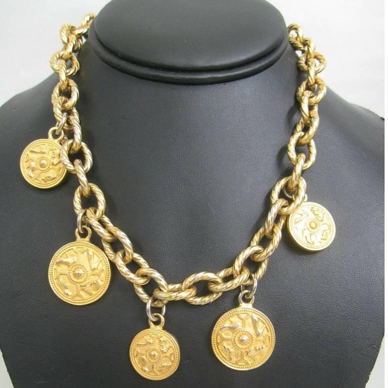 Vintage Salvatore Ferragamo statement necklace with golden round coin shoe charm 1