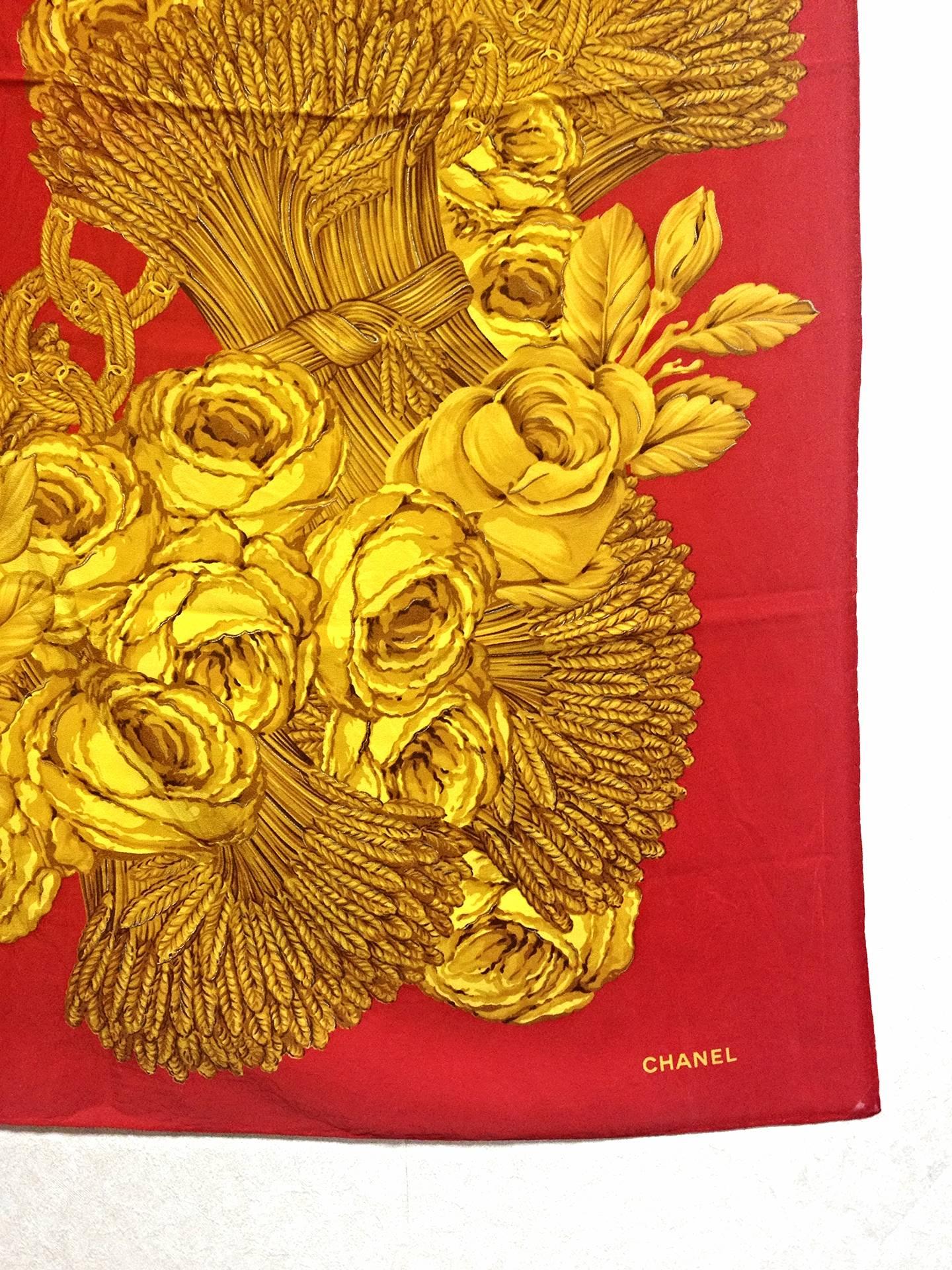 Gold Vintage CHANEL red and gold CC marks, rose, wheat, and chain pattern silk scarf