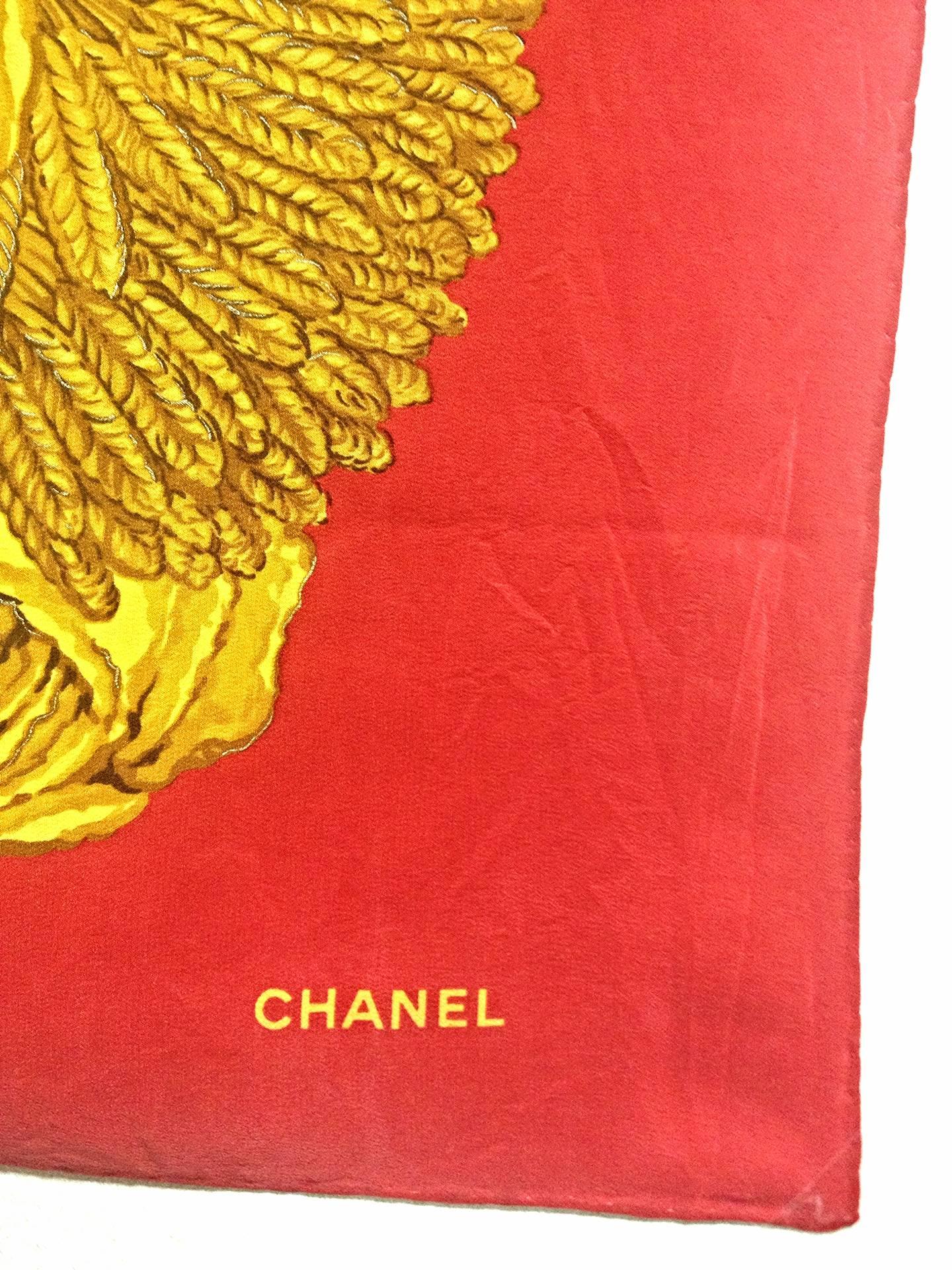 Vintage CHANEL red and gold CC marks, rose, wheat, and chain pattern silk scarf In Good Condition In Kashiwa, Chiba