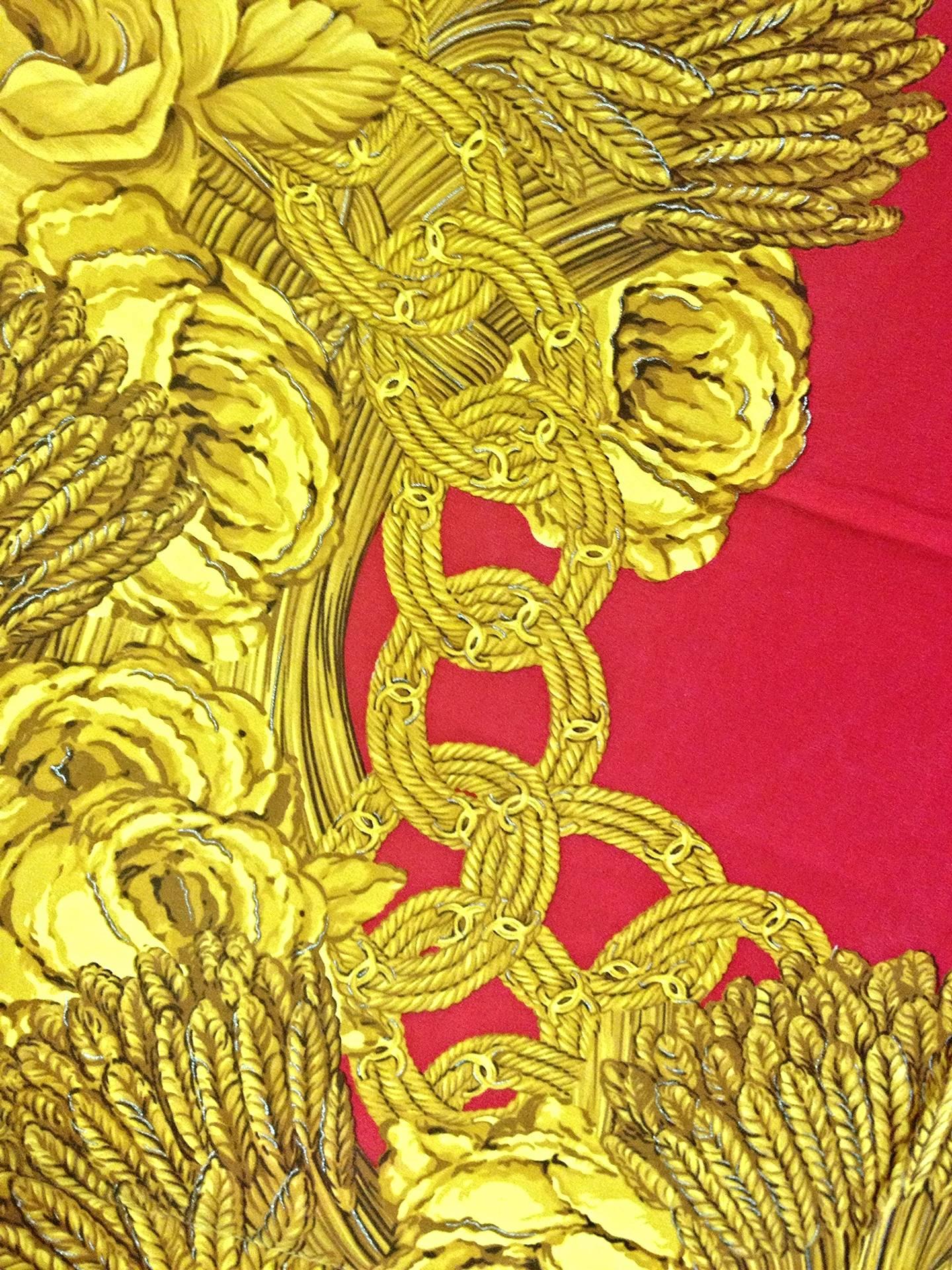 Vintage CHANEL red and gold CC marks, rose, wheat, and chain pattern silk scarf 1