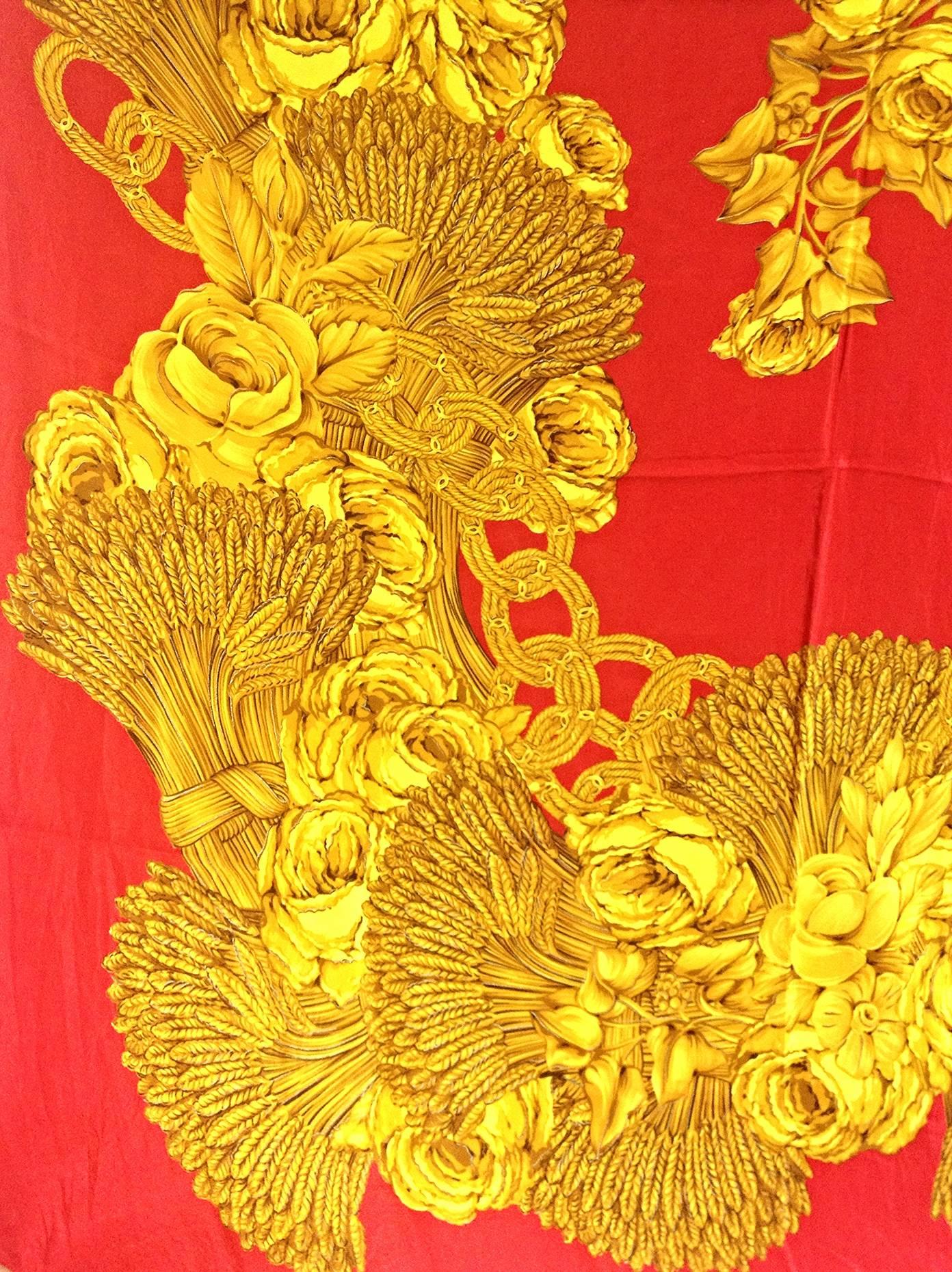 Women's Vintage CHANEL red and gold CC marks, rose, wheat, and chain pattern silk scarf
