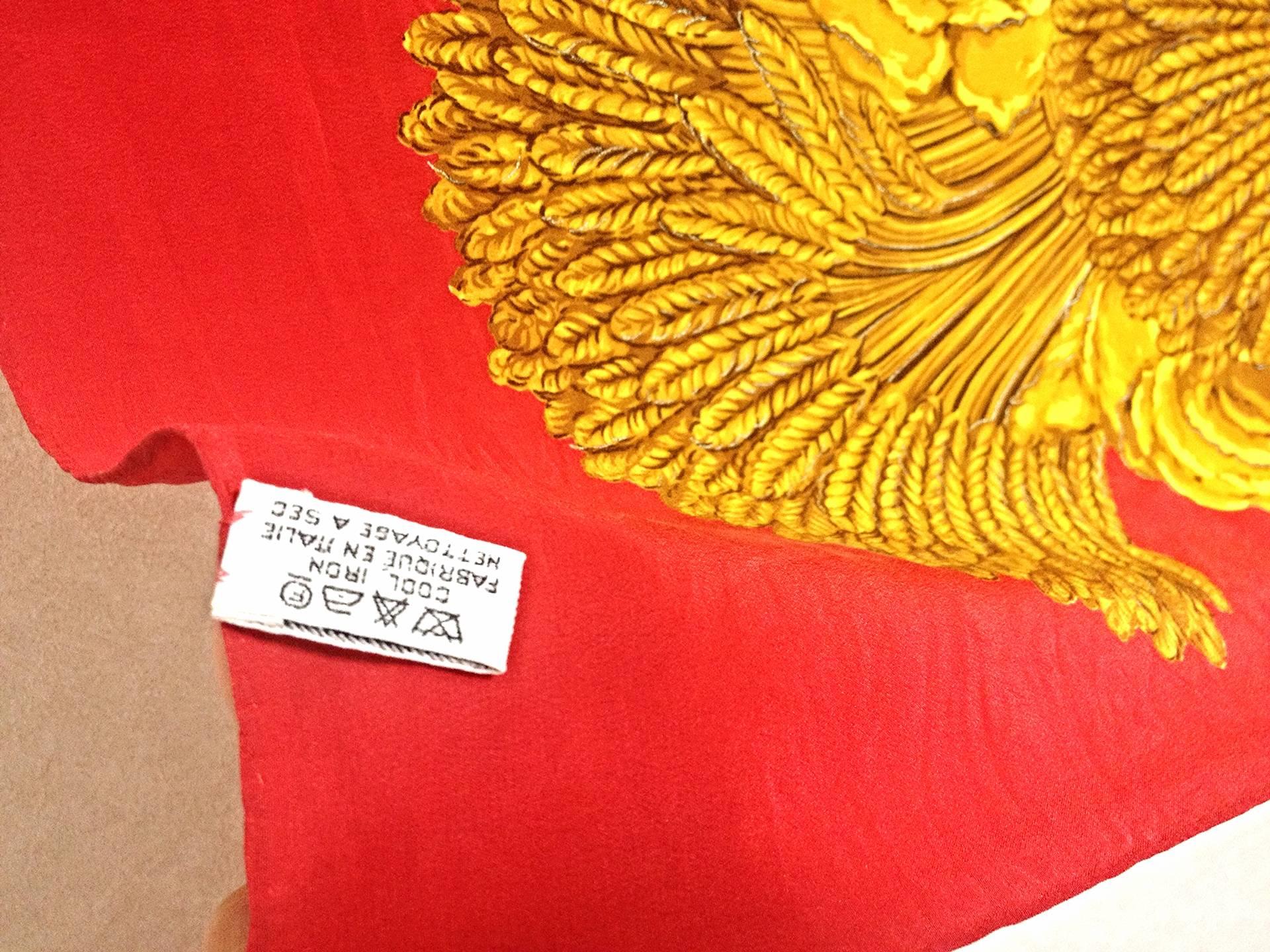 Vintage CHANEL red and gold CC marks, rose, wheat, and chain pattern silk scarf 2