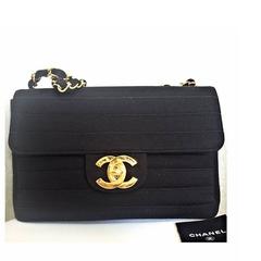 Vintage CHANEL black jersey 2.55 classic jumbo, large chain, large shoulder bag