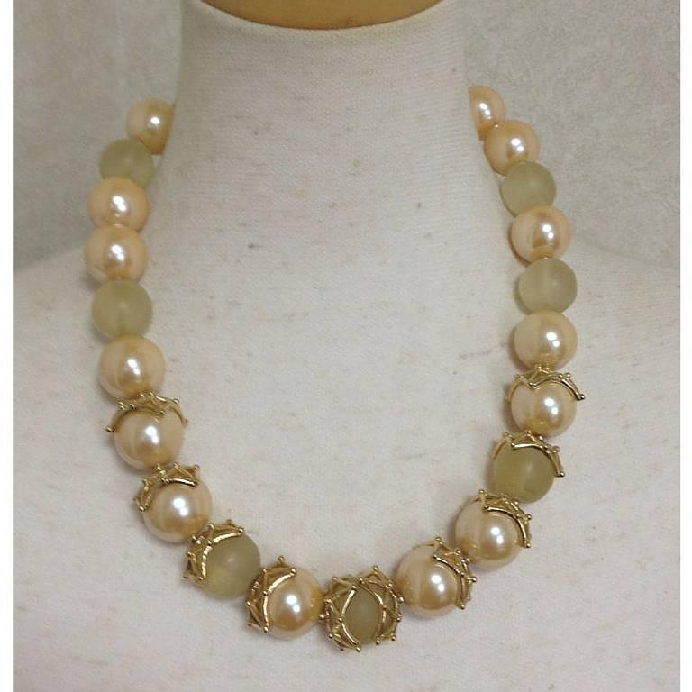 Art Nouveau MINT. Vintage Givenchy large white faux pearl and gold tone spider nest necklace For Sale