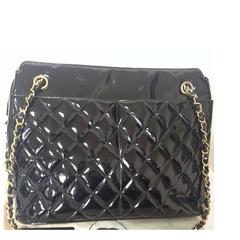 Vintage CHANEL black patent enamel quilted leather large shoulder tote bag