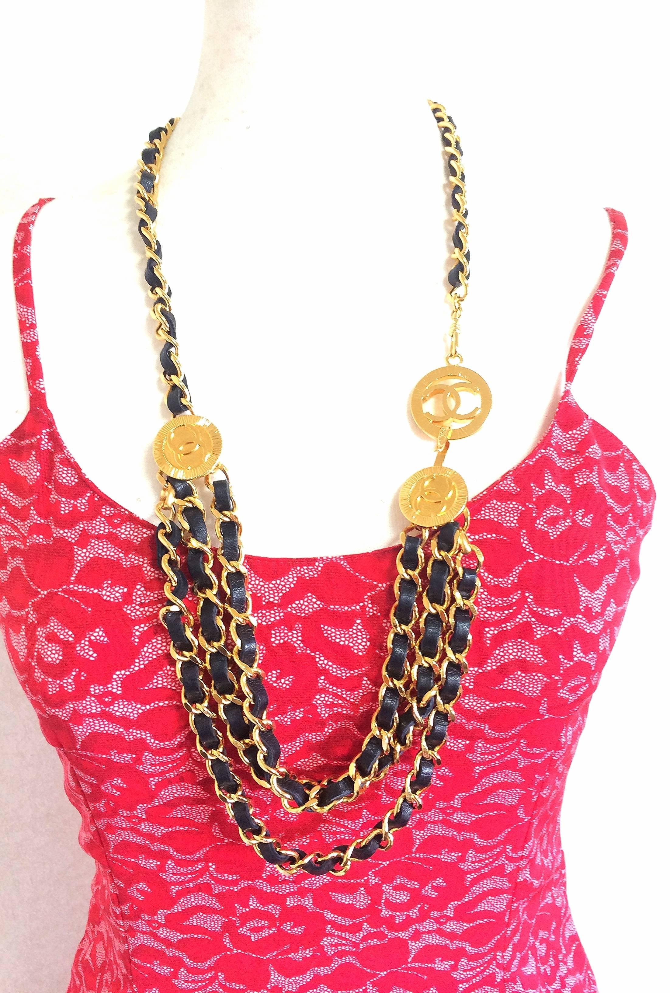 MINT. 1980's Vintage CHANEL 3 layered black leather and golden chain belt with golden CC charms. Can be necklace. Perfect CHANEL jewelry.

MINT, NEW condition!

Here is another fabulous piece from CHANEL back in the era of 80s with a stamp