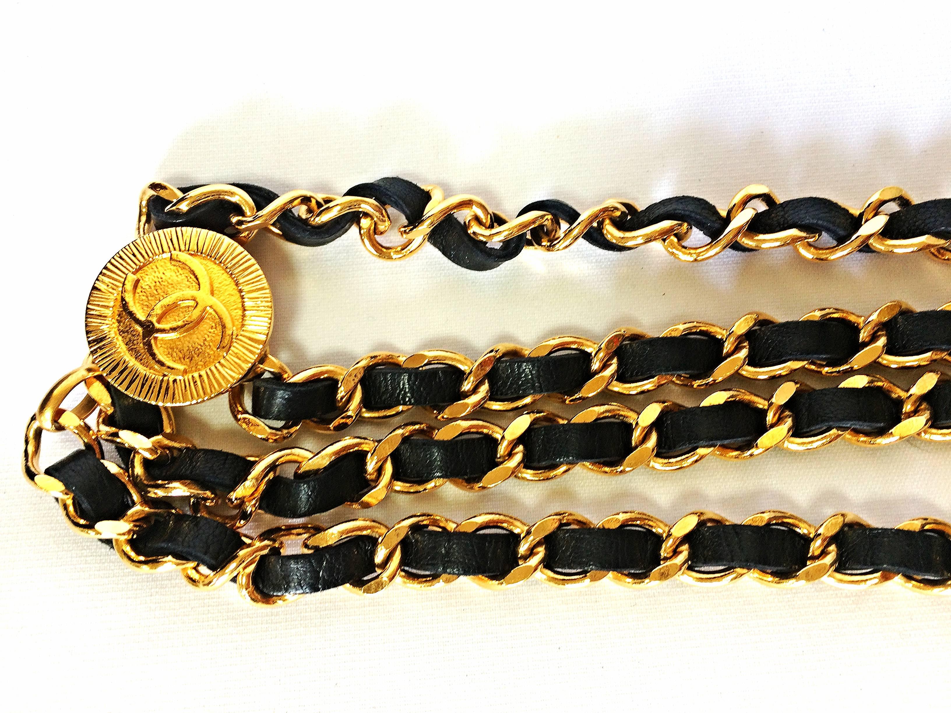 Women's MINT. 1980's Vintage CHANEL 3 layered black leather and golden chain belt