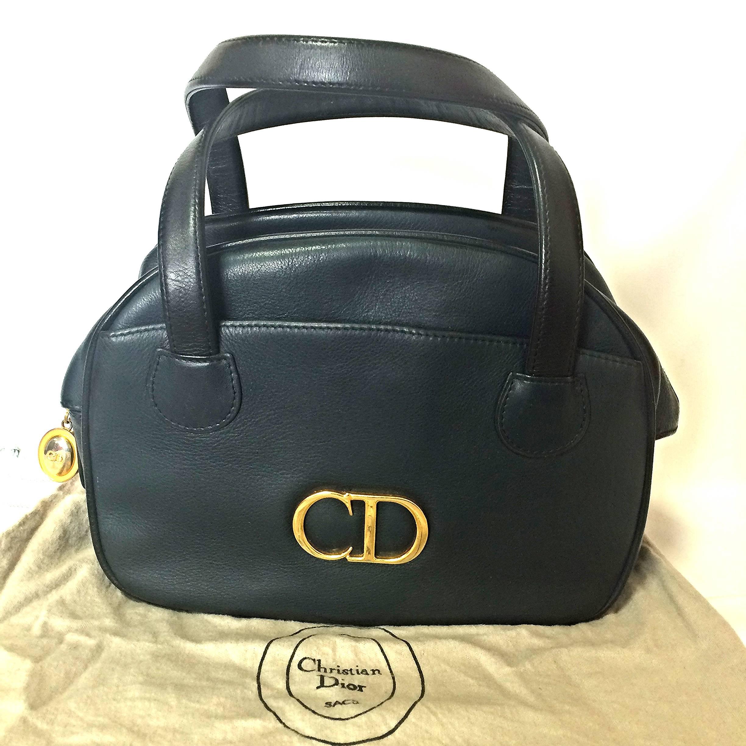 Vintage Christian Dior navy bolide style handbag with golden large CD logo motif 4