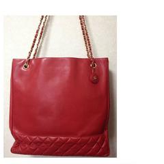 Vintage CHANEL lipstick red leather large tote bag with golden chains and cc.
