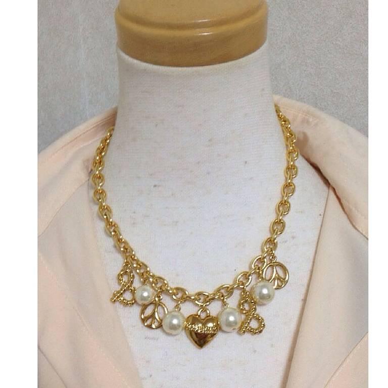 Women's MINT. Vintage Moschino statement necklace with heart, peace mark, faux pearls.  For Sale