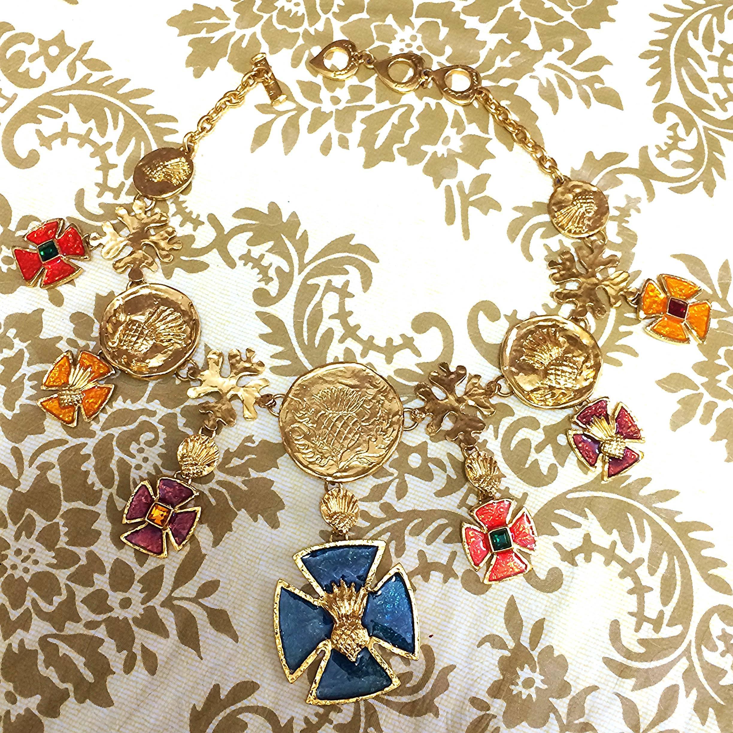 MINT. Vintage Yves Saint Laurent statement necklace with enamel cross charms. For Sale 4
