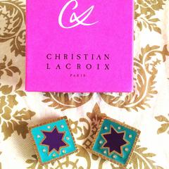 Vintage Christian Lacroix blue and purple enamel large square earrings, crystals
