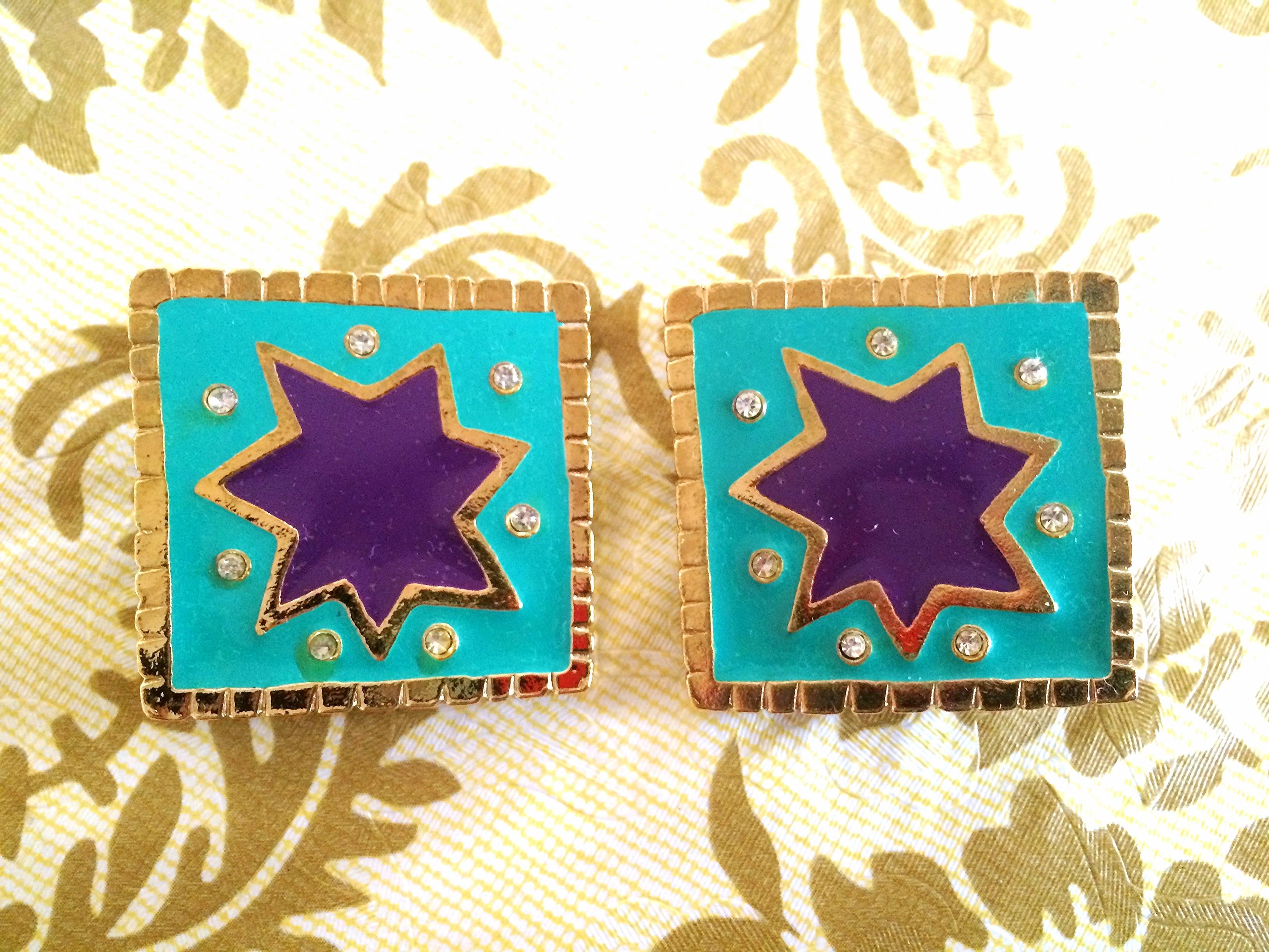 Vintage Christian Lacroix blue and purple enamel large square earrings, crystals For Sale 2