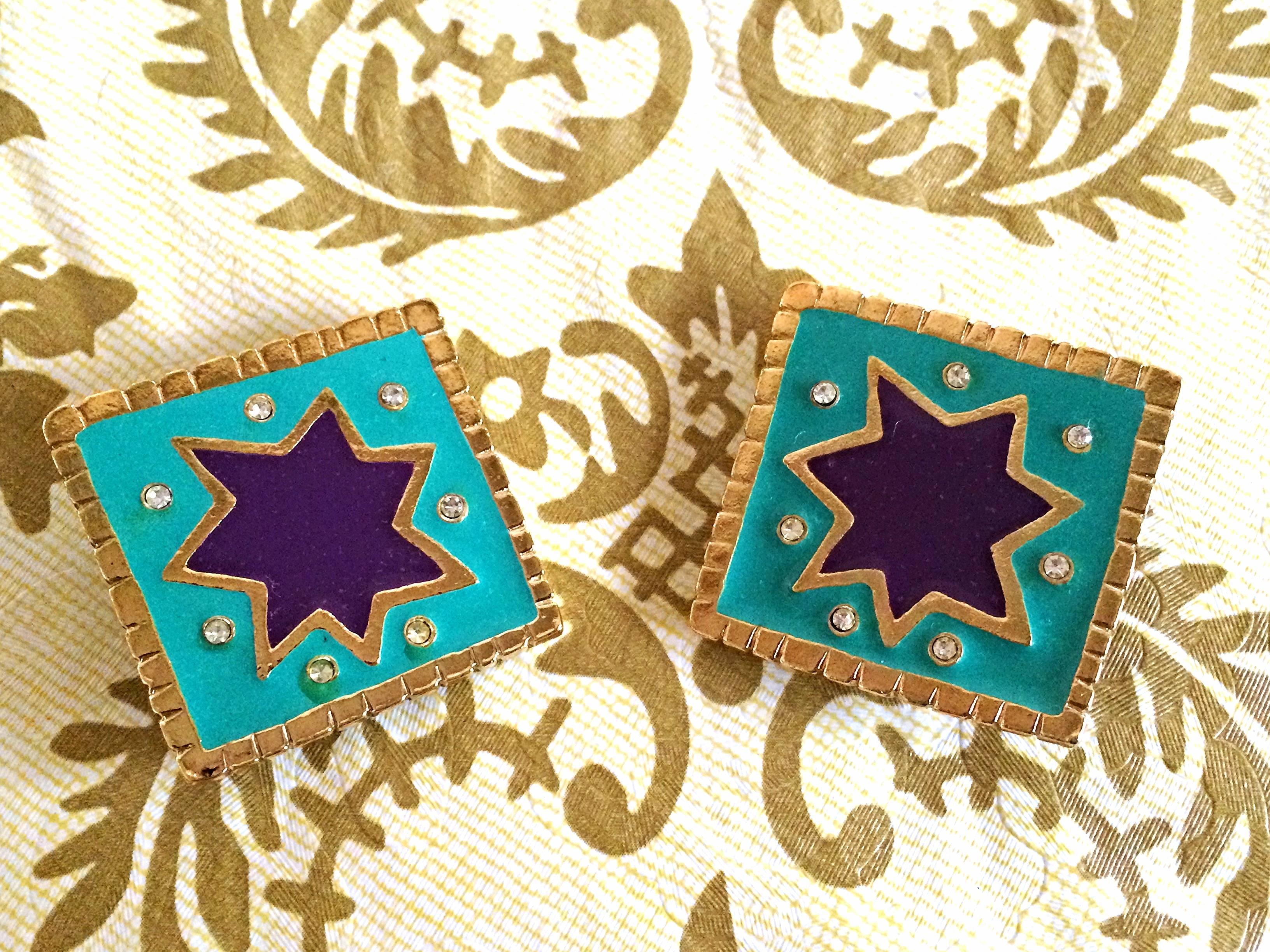 Vintage Christian Lacroix blue and purple enamel large square earrings, crystals In Good Condition For Sale In Kashiwa, Chiba